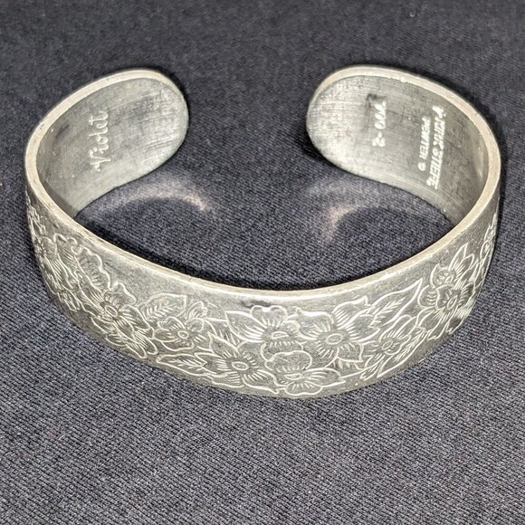 Vintage Jewelry - Kirk Stieff Pewter Wide Cuff Bracelet Violet Flower Of the Month February 900-2